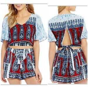 NWT Patrons of Peace Womens Sz M Tie Back Crop Top Paisley Print Red Blue